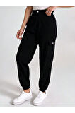 BEJ SİYAH KARGO CEP PAÇA LASTİKLI KETEN PANTOLON
