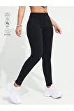 KADIN SİYAH YÜKSEK BEL KETEN LİKRALI DAR PAÇA PANTOLON