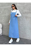 KADIN UZUN MAVİ BAHÇIVAN ASKILI ELBİSE