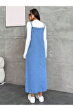 KADIN UZUN MAVİ BAHÇIVAN ASKILI ELBİSE