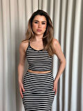 Çizgili etek crop takım