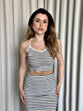 Çizgili etek crop takım