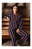 Çizgi Desenli Önden Düğmeli Polar Pijama Takım