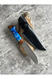 Hibrit Mavi Epoksi Kabzeli El Yapımı Kılıflı Kamp ve Av Bıçağı – 26,5 cm