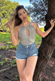 Maison La Femme Gri Cut Out Detaylı Büzgülü Bodysuit Mayo