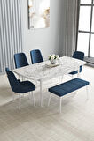 Arvela Beyaz Mermer Desen MDF 80x132 Açılabilir Yemek Odası Takımı 4 Sandalye, 1 Bench