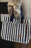 Lacivert Çizgili The Tote Bag Kadın Omuz Çantası