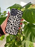 Kadın Siyah Beyaz Leopar Desenli Cam Arka Kapak İphone 14 Pro Max Telefon Kılıfı