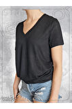 Siyah Renk Triko V Yaka Kısa Kollu Basic Tshirt