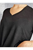 Siyah Renk Triko V Yaka Kısa Kollu Basic Tshirt