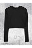 Bisiklet Yaka Siyah Crop Top Kısa Uzun Kollu Tshirt