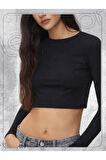 Bisiklet Yaka Siyah Crop Top Kısa Uzun Kollu Tshirt