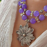 Büyük Çiçekli Kolye, İri Taş Kolye, Kelebek Kolye, Antik  Doğaltaş Akik Kolye, Lila Rengi Özel Kolye, Tasarım Kolyeler, Anneye Hediye, Antik Gümüş Kaplama