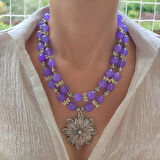 Büyük Çiçekli Kolye, İri Taş Kolye, Kelebek Kolye, Antik  Doğaltaş Akik Kolye, Lila Rengi Özel Kolye, Tasarım Kolyeler, Anneye Hediye, Antik Gümüş Kaplama