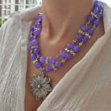 Büyük Çiçekli Kolye, İri Taş Kolye, Kelebek Kolye, Antik  Doğaltaş Akik Kolye, Lila Rengi Özel Kolye, Tasarım Kolyeler, Anneye Hediye, Antik Gümüş Kaplama