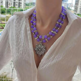 Büyük Çiçekli Kolye, İri Taş Kolye, Kelebek Kolye, Antik  Doğaltaş Akik Kolye, Lila Rengi Özel Kolye, Tasarım Kolyeler, Anneye Hediye, Antik Gümüş Kaplama