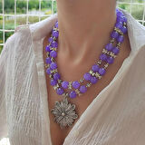 Büyük Çiçekli Kolye, İri Taş Kolye, Kelebek Kolye, Antik  Doğaltaş Akik Kolye, Lila Rengi Özel Kolye, Tasarım Kolyeler, Anneye Hediye, Antik Gümüş Kaplama