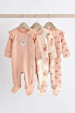 Next Baby %100 Pamuklu Pembe Ayı Desenli 3' lü Tulum Set