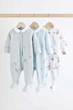 Next Baby %100 Pamuklu Mavi Bebe Yaka Fil Desenli 3' lü Tulum Set