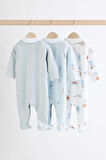 Next Baby %100 Pamuklu Mavi Bebe Yaka Fil Desenli 3' lü Tulum Set