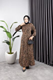 Kadın Fermuarlı Çıtır Leopar Desenli Belden Oturaklı Viskon Tesettür Elbise