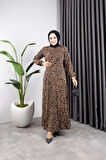 Kadın Fermuarlı Çıtır Leopar Desenli Belden Oturaklı Viskon Tesettür Elbise