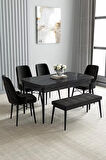 Loft Siyah Mermer 80x132 Açılabilir Mdf Masa Yemek Odası Takımı, Mutfak Takımı 4 Sandalye, 1 Bench