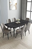 Loft Siyah Mermer 80x132 Açılabilir Mdf Masa Yemek Odası Takımı, Mutfak Takımı 6 Sandalye