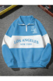 Unisex Los Angeles Baskılı Oversize Parçalı Polo Yaka Fermuarlı Sweatshirt