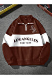 Unisex Los Angeles Baskılı Oversize Parçalı Polo Yaka Fermuarlı Sweatshirt