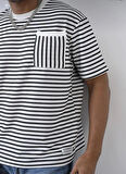 Bisiklet Yaka Tek Cepli Çizgili T-shirt - Siyah