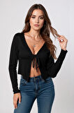 Kadın Siyah Uzun Kollu Önden Bağlama Detaylı Crop Top Bluz - Şık, Rahat ve Kolay Kombinlenebilir