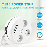 VEA 7 in 1 , Akım Korumalı Grup Priz, 3'LÜ, Anahtarlı, 3 Usb, 1 Type-c, 1.5 Metre Kablolu, Kablosu Toplanabilir Makaralı, 850 Derece Isıya Dayanıklı