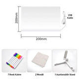 20 x 20 cm, 7 Renkli Kalem, Dekoratif LED Aydınlatmalı, Şeffaf Işıltılı Yazı, Çizim Panosu , Parlayan Akrilik LED Not Panosu, Işıklı Kuru Silme Panosu, Parlak,