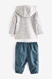 % 100 Pamuklu Deniz Mavisi Kapüşonlu Ceket Body Jogger 3’lü Set
