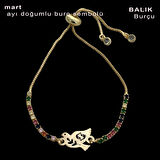 Baharın gelişini müjdeleyen, Zarif Kuş Motifli, 14 Ayar Altın Plakalı ve Canlı Renkli Taşlı Mart Bilekliği