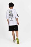 Beyaz Oversize Bisiklet Yaka Kısa Kollu Baskılı Şortlu  Erkek Çocuk Takım 