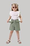 Miniğimin Cicileri Kalp Nakış Volan Kol Detaylı 2 li Şortlu takım - Yeşil