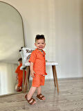 Miniğimin Cicileri Müslin Baklava Desen Düğmeli Şortlu Erkek Çocuk  2 li Takım - Oranj