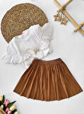 Miniğimin Cicileri Style Tüllü Kısa Kol Süet Etekli Kız Çocuk Takım - Kahverengi