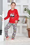 Miniğimin Cicileri Panda Kalpli Kız Çocuk Pijama Takımı - Kırmızı