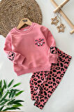 Miniğimin Cicileri (2-7 Yaş) Leopar Taytlı Kedi Panç İşleme Detaylı Kız Çocuk Takım - Pembe
