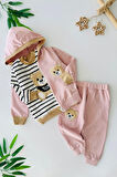 Miniğimin Cicileri (9-18 Ay) Toy Ayıcık Desenli Bebe Çizgili 3 Lü Takım - Pembe