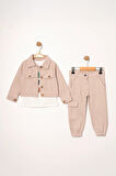Miniğimin Cicileri Düğmeli Kargo Cepli Kız Çocuk Ceketli Takım - Açık Pudra