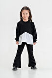 Miniğimin Cicileri Asimetrik Kesim Sweat İspanyol paça pantolon Kız Çocuk 2 li Takım - Siyah