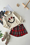 Miniğimin Cicileri Ekose Şort Etekli Triko Yıldız İşleme Kız Çocuk 2 li Takım - Krem