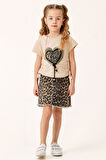 Miniğimin Cicileri Kalp Leopar Desenli Kız Çocuk Takım - Bej