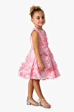 Miniğimin Cicileri Karışık Gül İşlemeli Çantalı Kız Çocuk Elbise - Pembe