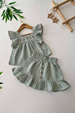 Miniğimin Cicileri Müslin Çiçek İşleme Detaylı Fırfırlı Kız Çocuk 2 li Takım - Yeşil