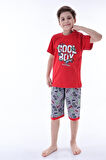Miniğimin Cicileri (6-11 Yaş) Cool Boy Desenli Erkek  Çocuk Kapri Takım - Kırmızı